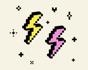 3D lightning flash pixel art black element. Thunder icon. Y2k inspired trendy collage sticker. Mood of 90's. 8-bit retro style vector illustration. Simple geometric shape. Game abstract lightning icon