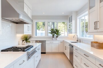 Bright kitchen interior with white countertops and natural light flooding through a window, creating an inviting and clean space for home-related visuals