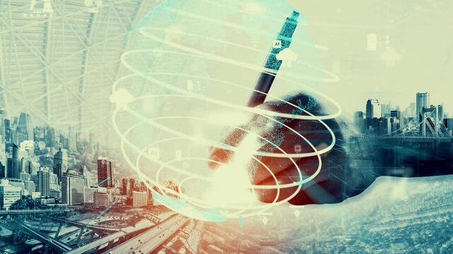 Future building construction and inventive engineering project concept with HUD hologram graphic design. Building engineer, architect people or construction worker works with modern civil technology.