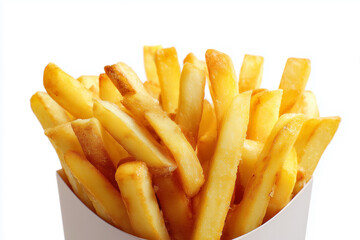 Crispy golden french fries served in a white container ready to enjoy as a snack or side dish