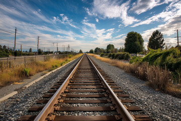 Fototapeta premium Tracks stretch under a vibrant blue sky towards distant trees on a sunny afternoon