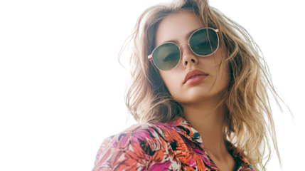 Young girl with beachy waves and sunglasses, posing confidently, tropical summer energy, studio lighting, PNG
