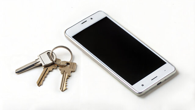 Minimalist smartphone and keys on a clean white surface  