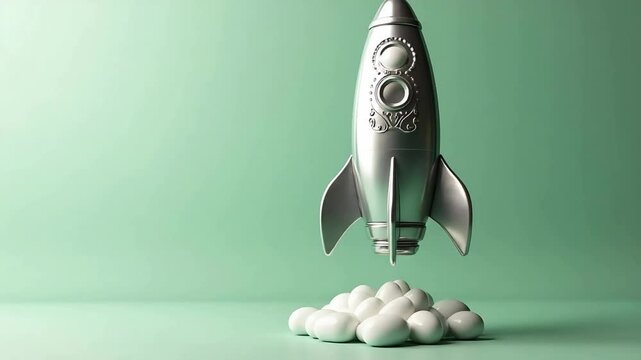 Silver rocket model launching from a cluster of white eggs on a soft green background