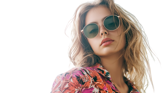 Young girl with beachy waves and sunglasses, posing confidently, tropical summer energy, studio lighting, PNG