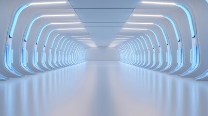 青いネオンライトの未来的なデザインの通路の視点 3Dレンダリング