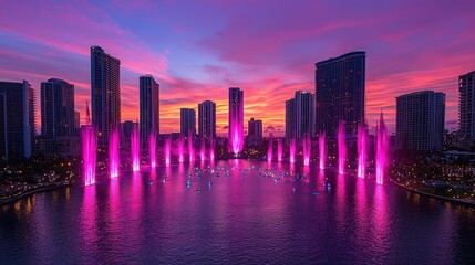 Obraz premium Miami's Breathtaking Sunset Symphony: A Cityscape Illuminated by Fountains