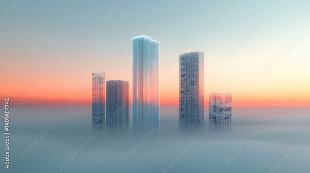 Aufkleber 高層建築が霞む空にそびえ立ち夕焼けと雲海に包まれる都会の幻想的な風景