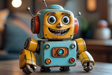 Charming Humorous Pocket-Sized Robot Character with Gleeful Smirk and Lively Design