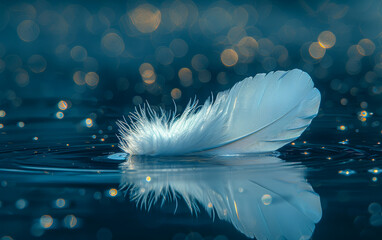 Naklejka premium Delicate white feather floating on water. A white feather floats on calm water, reflecting soft light and sparkling droplets in a serene scene.