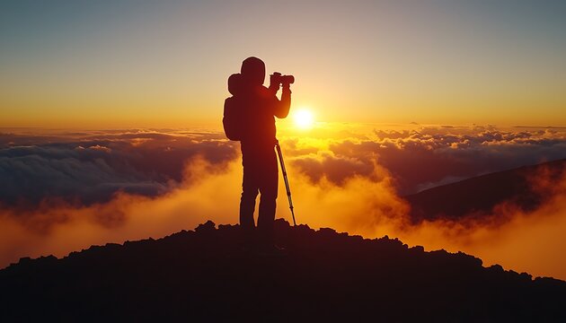 A silhouette a photographer capturing a sunrise on a mountaintop
