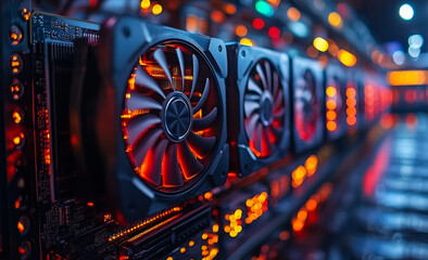 Cooling system hardware setup. Close-up view of multiple cooling fans illuminated with colorful lights in a computer hardware setup.