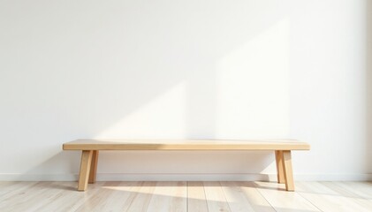 Smooth, light-colored wooden bench against pure white, clean, unblemished, pale