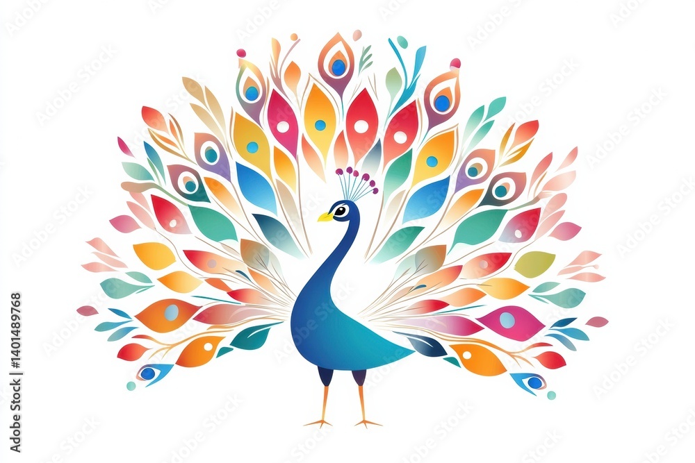 Aufkleber Vibrant peacock displaying full tail feathers in a striking fan shape against a clean white background