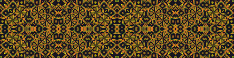 Seamless Ukrainian Pattern. Ukrainian embroidery. Old texture. Yellow pattern on a dark background
