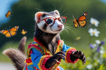 Fototapeta premium Cute Ferret in Colorful Garb and Glasses Chasing Butterflies on a Sunny Day
