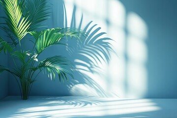 Blurred shadow of palm leaves on light blue wall. Minimal abstract background.