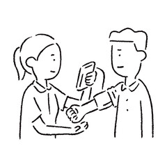 血圧を計る看護師と患者_白黒