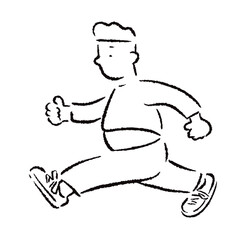 ウォーキングするぽっこりお腹の男性_白黒