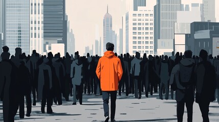 Obraz premium Man walking in crowd city street urban scene orange jacket anonymity individuality concept art style