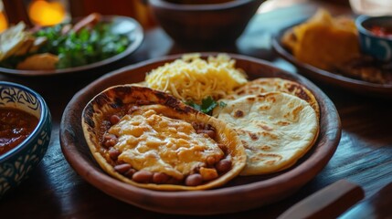 Delicious pupusas, a Salvadoran dish made of thick corn tortillas filled with melted cheese and beans, served fresh on a rustic plate.