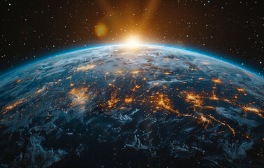 Earth illuminated by sunrise in space. Earth is bathed in golden sunlight from a sunrise, showcasing vibrant lights and clouds across the planet's surface.