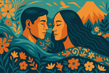 A beautiful pacific islandic girl and asian man on background waves in tropical colors and asian patterns, banner for Asian American and Pacific Islander Heritage Month