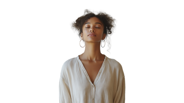 Woman in linen summer shirt and hoop earrings, looking serene, waist-up, white background, no hands visible, PNG 