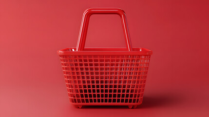 Fototapeta premium A vibrant red shopping basket against a matching background, perfect for showcasing shopping themes.