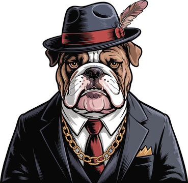 recommend clip art: Bulldog vector in suit and hat. An English bulldog-like gentleman wearing a suit, gold chain, and hat vector illustration in white background.