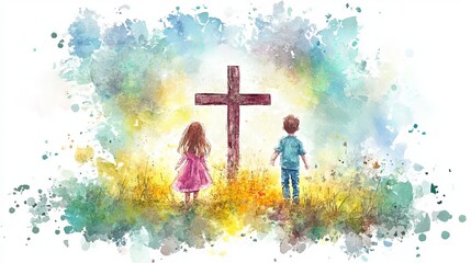 Watercolor painting of children looking at a cross in a field with bright light behind it