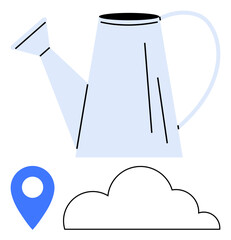 Watering can with a location pin and cloud design suggests nurturing, environmental care, global positioning, and innovation. Ideal for growth, technology, eco-friendly concepts, sustainability