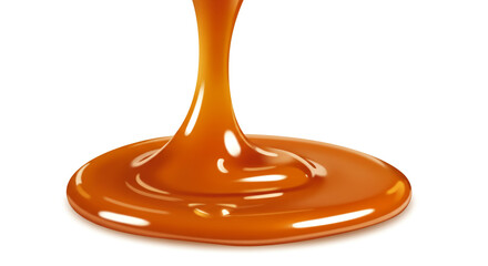Rich caramel sauce flowing, creating a luscious pool of golden brown sweetness, a delectable treat with glossy texture and smooth consistency.
