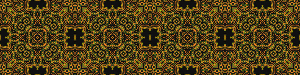 Seamless Ukrainian Pattern. Ukrainian embroidery. Old texture. Yellow pattern on a dark background