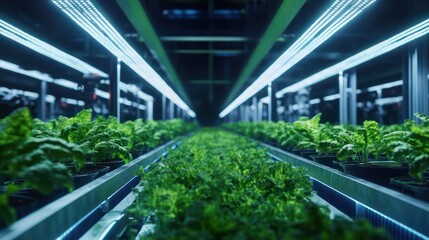 Vertical farm interior rows plants led
