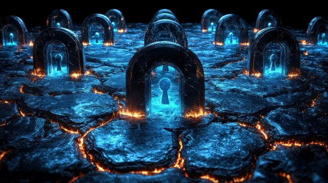Glowing Keyholes in a Volcanic Landscape: A Digital Art Exploration of Security and Mystery