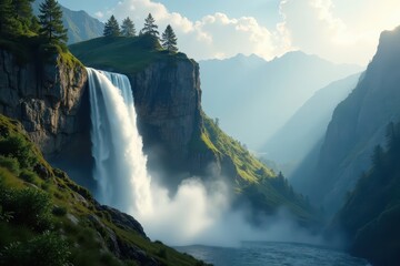 Cascading mountain waterfall, sunlight on mist, rocks, stream, sky