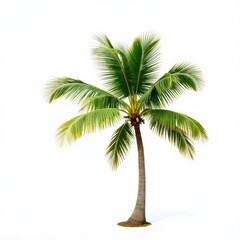 Single palm tree, lush green fronds against pure white , white background, foliage