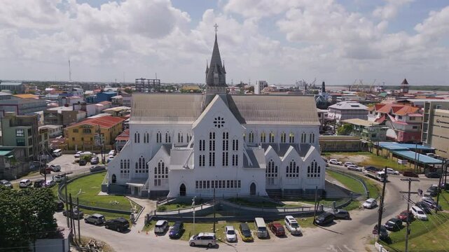 Aerial of St. George's Cathedral in downtown Georgetown Guyana