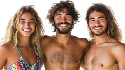 Group portrait of three diverse friends in beachwear, smiling, close crop, no hands, white background, PNG