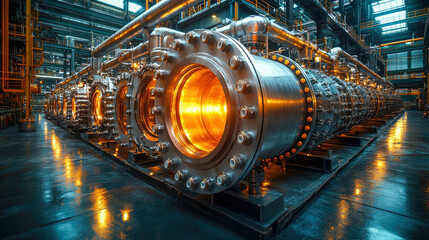 Obraz premium Industrial shell and tube heat exchanger in a modern facility, glowing with warm orange lights, detailed metallic surfaces, and futuristic atmosphere
