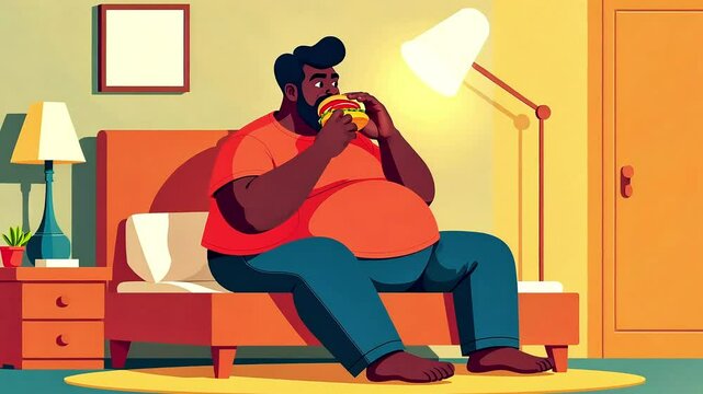 Man eating burger sitting on sofa in his living room, cartoon vector style. Character showing love for fast food, concept of unhealthy lifestyle, fatty food, bad habits