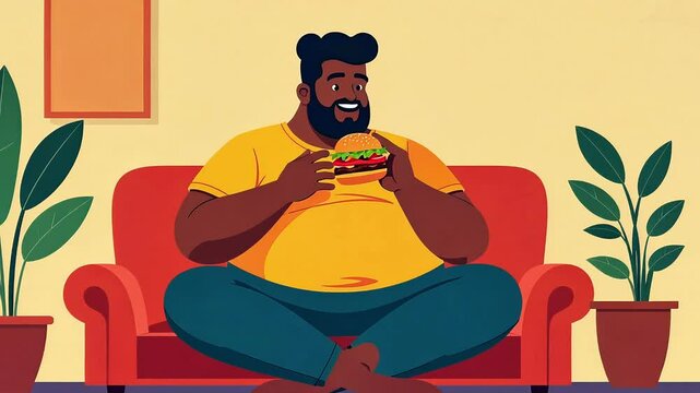 Man eating burger sitting on sofa in his living room, cartoon vector style. Character showing love for fast food, concept of unhealthy lifestyle, fatty food, bad habits