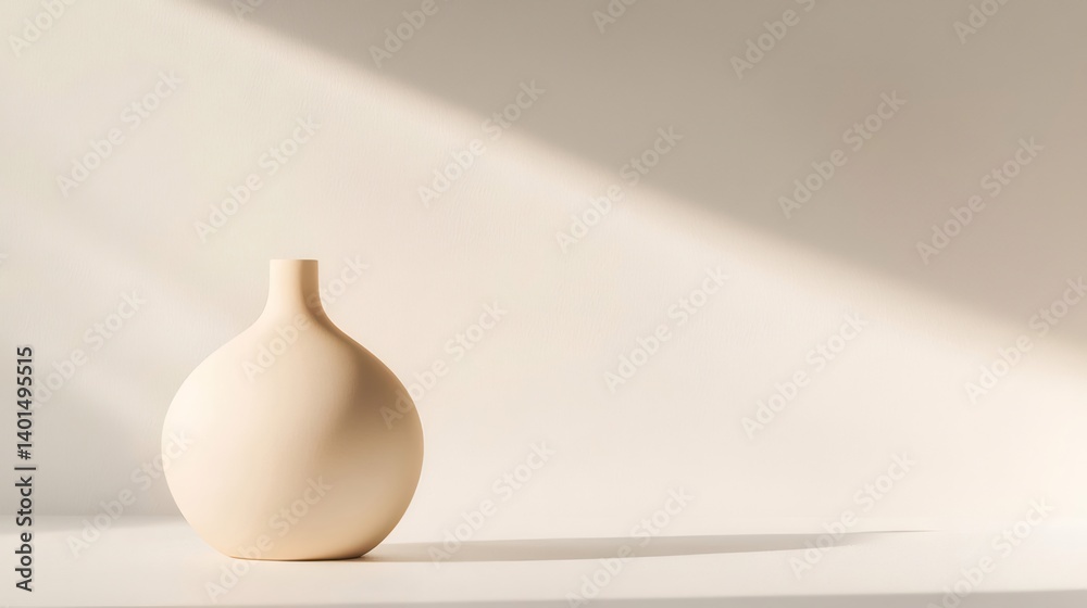 Poster ベージュの花瓶を白い背景の光と影の下に配置した静物写真 シンプルでモダンなデザイン