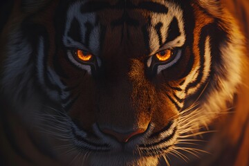 A close up portrait of a tiger with glowing eyes in a dark and moody lighting environment