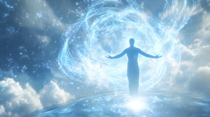 A serene figure emerges from a cosmic glow, symbolizing enlightenment and connection to the universe.