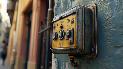 Close up shot of an old yellow and metal control box mounted on a textured blue wall outdoors