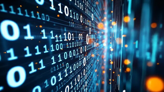 Digital display of binary code with bright, blurred lights in the background, and perspective depth
