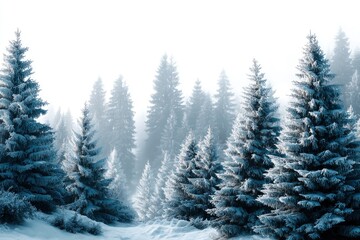 Snow Covered Fir Trees in Misty Winter Forest Landscape