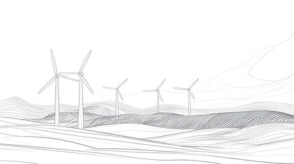 A serene landscape featuring multiple wind turbines in a minimalist line art style.